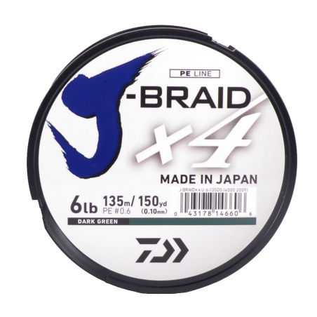 Daiwa J-Braid X4 Braided Fishing Line Dark Green 6lb 150 Yards JB4U6-150DG