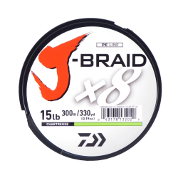 Daiwa J-Braid X8 Braided Fishing Line Chartreuse 15lb 300 Yards JB8U15-300CH